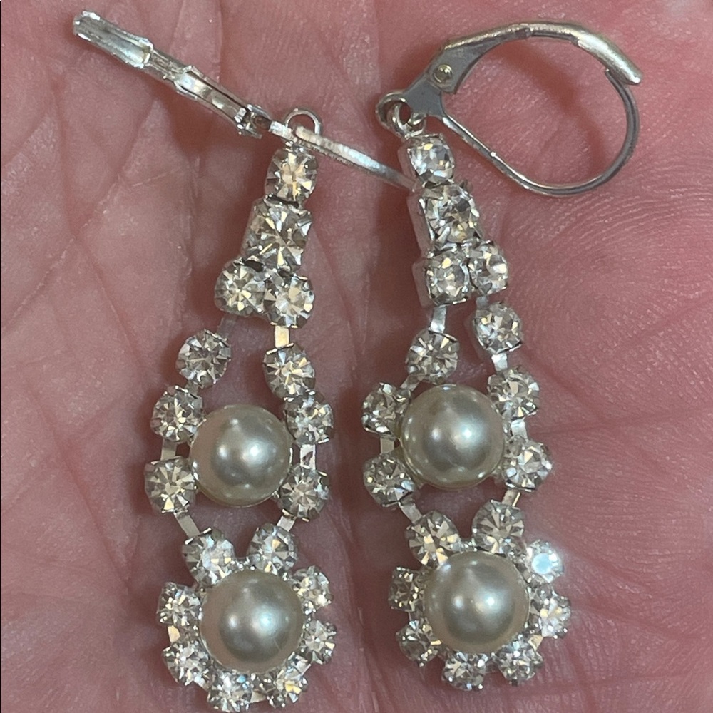 Vintage Rhinestones and Faux Pearl lever Back Dangle Earrings